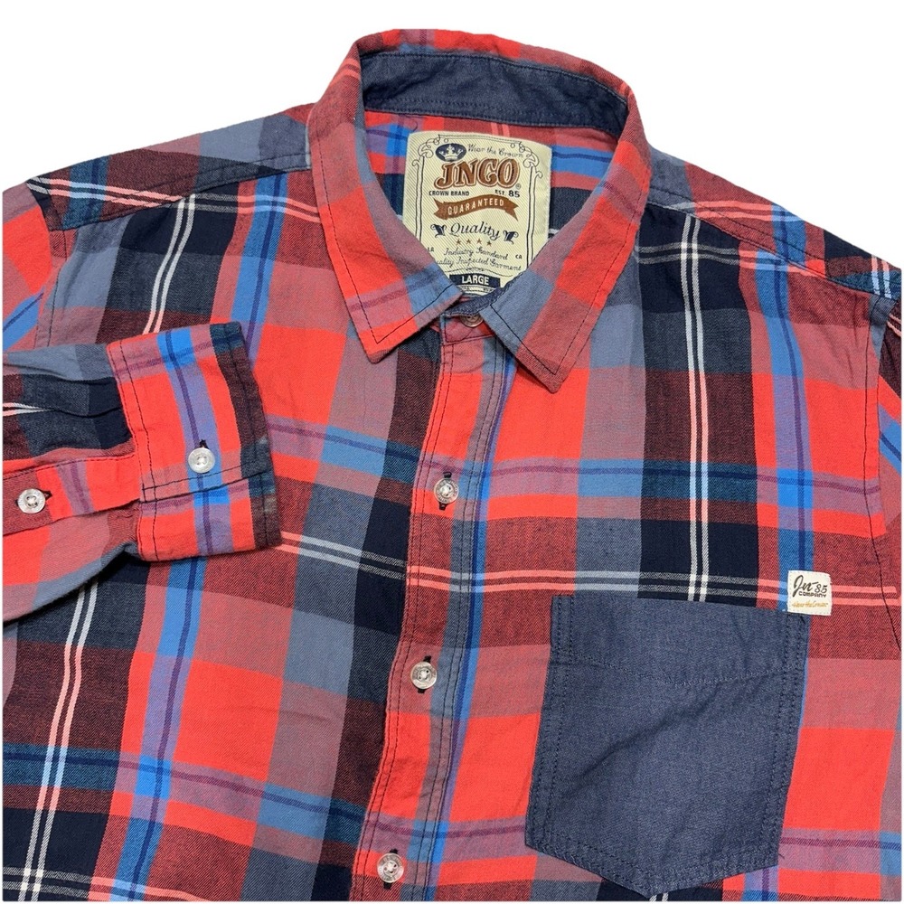 JNCO Crown Brand Shirt Men L Red Blue Plaid Button Up Flannel Cotton Long Sleeve